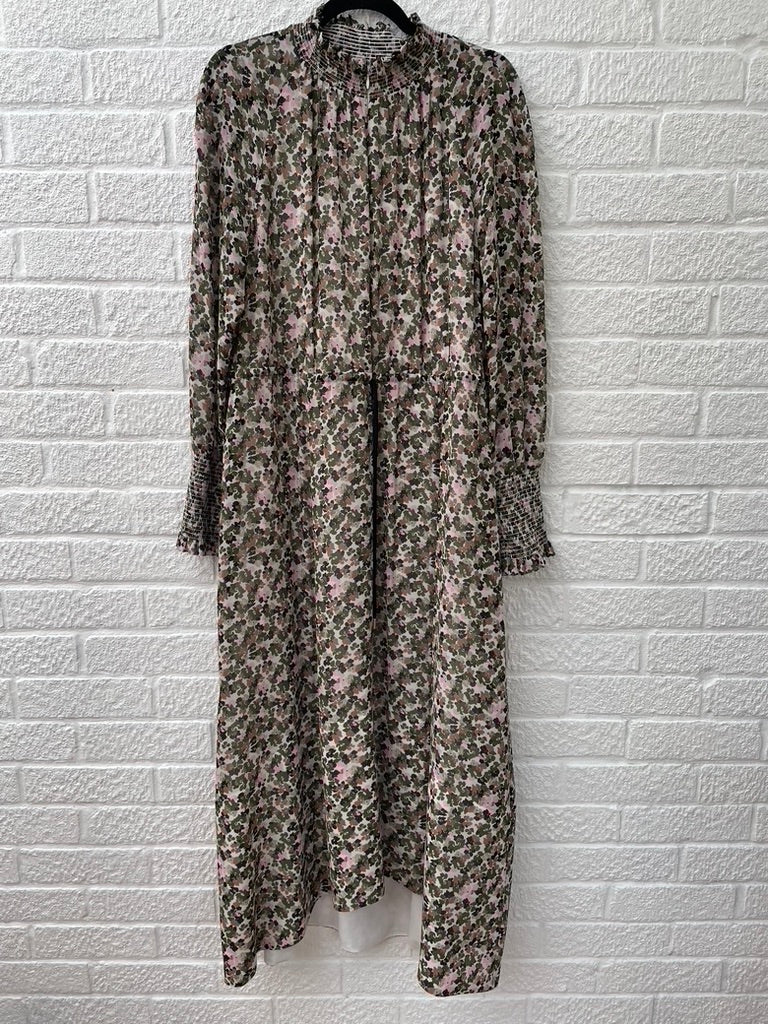 ME+EM Brush Stroke Floral Print Georgette Maxi Dress Khaki/Pink Size UK 16