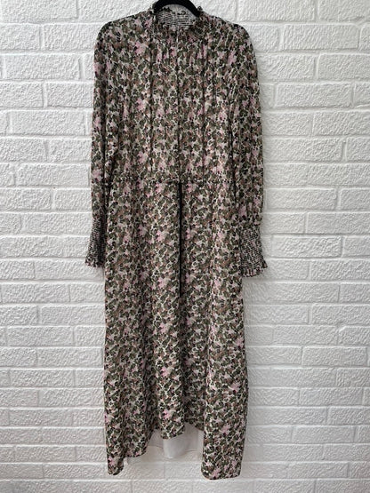 ME+EM Brush Stroke Floral Print Georgette Maxi Dress Khaki/Pink Size UK 16