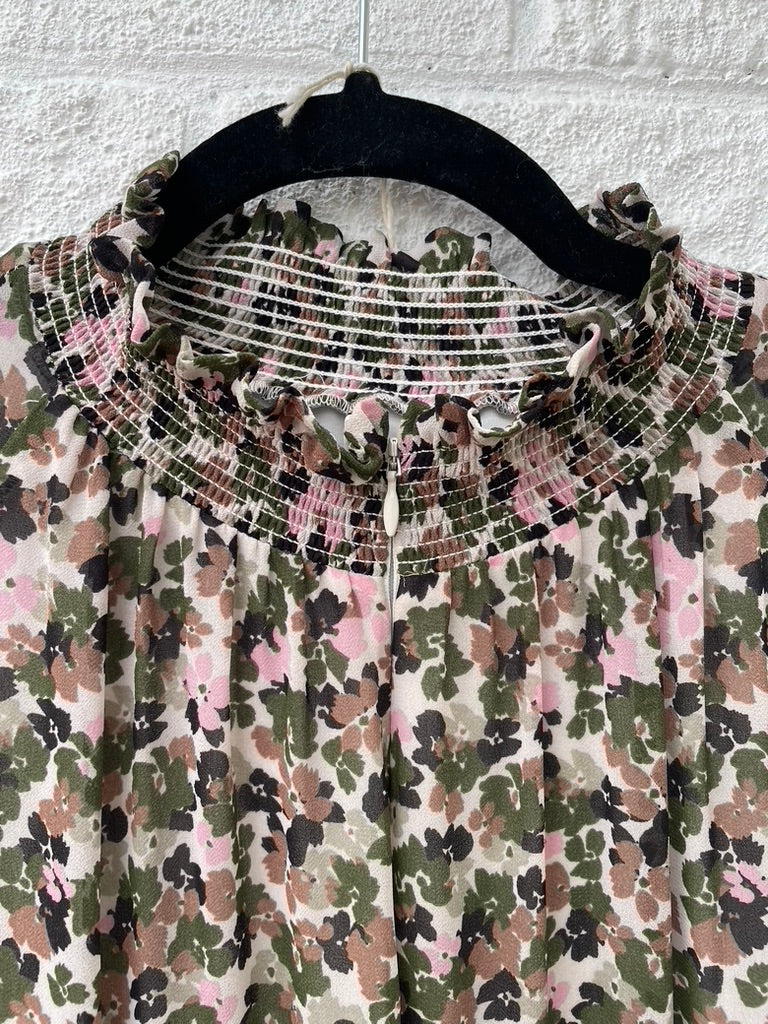 ME+EM Brush Stroke Floral Print Georgette Maxi Dress Khaki/Pink Size UK 16