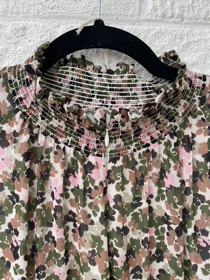 ME+EM Brush Stroke Floral Print Georgette Maxi Dress Khaki/Pink Size UK 16